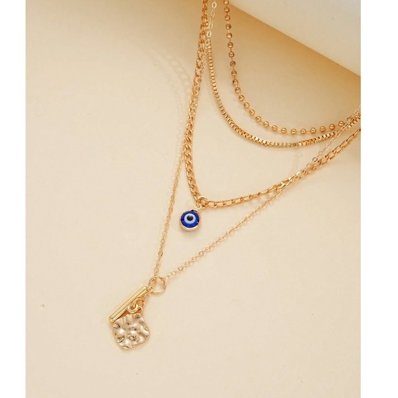 Boho Gold Tone Evil Eye Hammered Pendant Multilayer Necklace - Picture 2 of 2